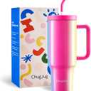 2 x 40 oz Tumbler with Handle and Straw Lid, Reusable Leak-Proof Insulated Tumblers, Stainless Steel Coffee Tumbler Cups Pink, Travel Mug for Home Office, Keep Cold 34Hrs, Cup Holder Friendly(Gala Shine)