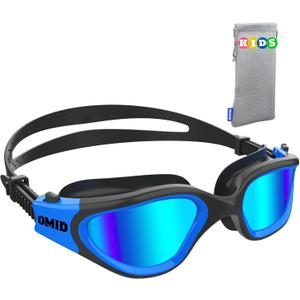 OMID Kids Swim Goggles, P2mini Polarized Swimming Goggles Comfortable for Age 6-14 (A0-mirrored Blue Lens Blackblue Frame)
