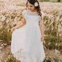 ABAO SISTER Boho Long Lace Chiffon Flutter Sleeves Dress A-Line Communion Bridesmaid Flower Girl Dresses for Girls 2-12 Years (White, M)