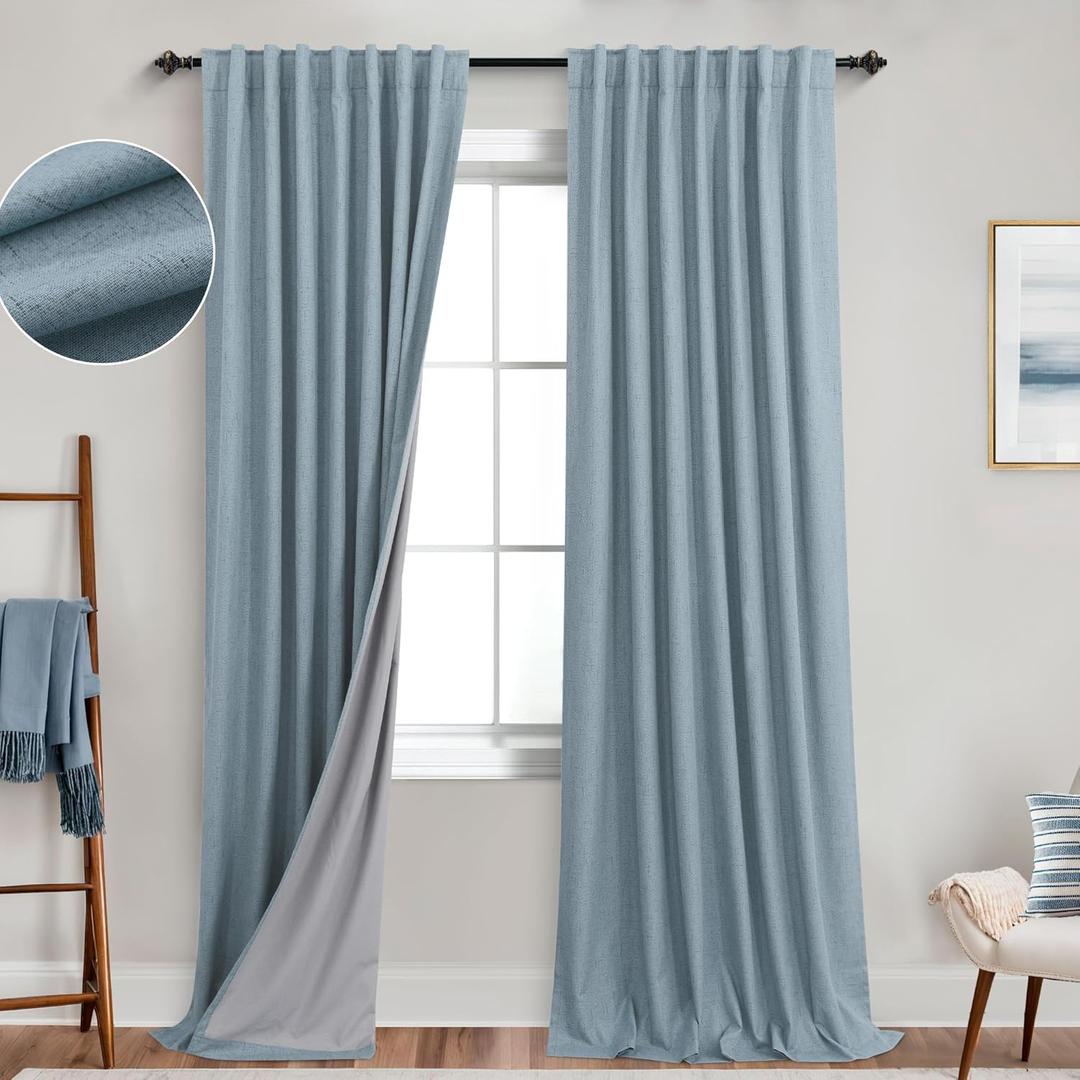 KOUFALL Stone Blue Linen Blackout Curtains 92 Inches Long for Bedroom Living Room (52"W x 92"L (Pack of 2))