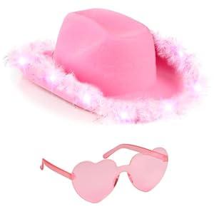Funcredible Cowboy Hat and Glasses - Light Up Cowgirl Hat for Girls - Cowboy Hat with Feathers (Pink)