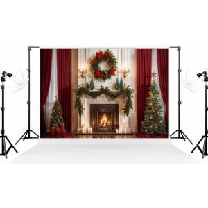 Kate 10×6.5ft (3×2m) Christmas Tree Photo Backdrop Christmas Fireplace Xmas Tree Christmas Wreath Decoration Red Curtains Photography Background for Christmas Photographer Studio Props