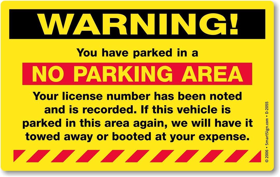 SmartSign 50-Pack "You Have Parked in No Parking Area" Violation Sticker Labels, 5" x 8", License Number Noted Sticker Tickets with Permanent Adhesive, Fluorescent Yellow