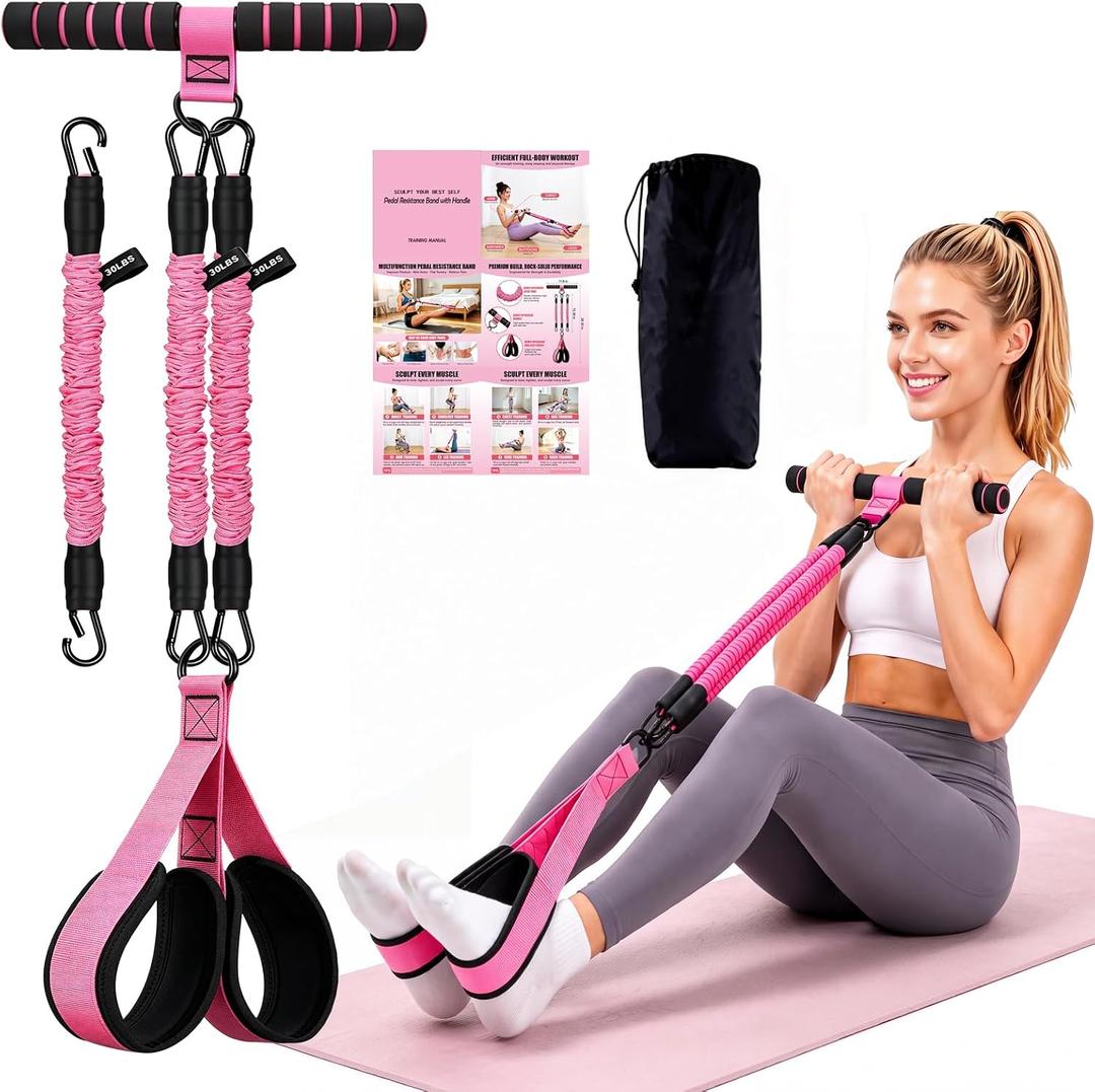 Foot Pedal Resistance Band with Handle, 3-Tube Multifunction Adjustable Yoga Elastic Exercise Bands, Home Workout Equipment for Women & Men to Abdomen, Waist, Arm, Core/ABS, Leg