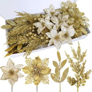 Winlyn 35 Pcs Christmas Artificial Poinsettia Flowers Picks and Artificial Leaves Sprays Gold Glitter Christmas Floral Picks for Gold Christmas Tree Holiday Centerpiece Wreath Garland Decorations