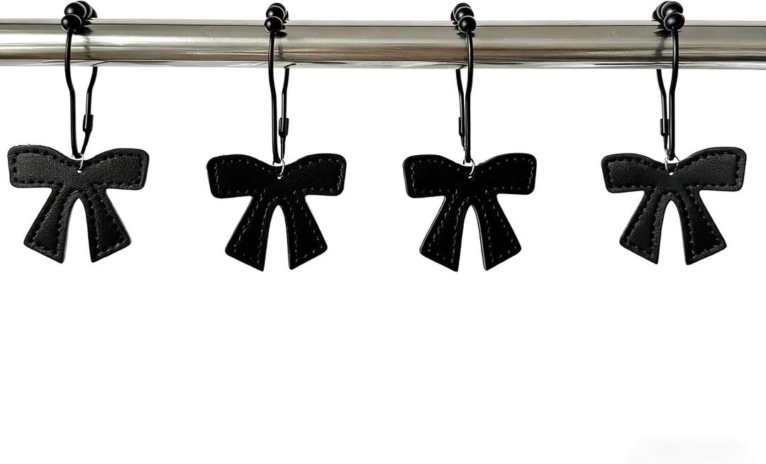 Bow Knot Shower Curtain Hooks, Leather Bow Shower Curtain Hook, 12PCS Rust Proof Shower Curtain Rings for Bathroom, Metal Decorative Shower Curtain Hangers (Black)