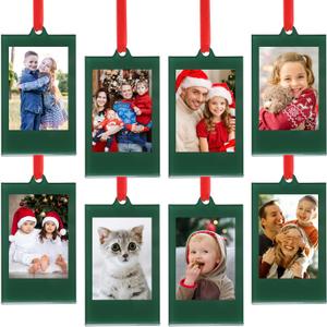 UNIQOOO 8 Pcs Christmas Instax Green Acrylic Picture Frames 8.6 * 5.4cm Polaroid Picture Ornaments, Blank Double-Sided Picture Frames for Polaroid Film, Hanging Photo Ornaments for Xmas Tree (8Pcs 3.4*2.1 inch)