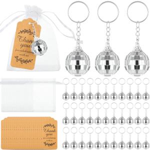 Mini Disco Ball Keychain with Organza Bags and Thank You Tags Disco 70s 80s Party Favors Christmas Gift Ornaments(36 Set)