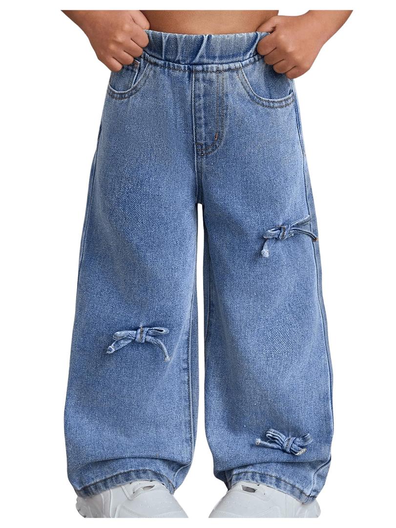WDIRARA Girls' Bow Decor High Waisted Jeans Straight Leg Elastic Casual Denim Long Pants Light Wash 5Y