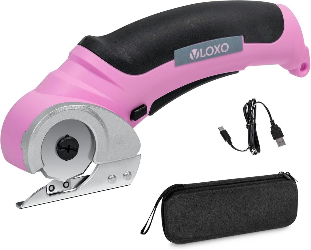 VLOXO Cordless Electric Scissors, Cardboard Cutter with Safety Lock 4.2V Electric Mini Cutter Power Rotary Scissors for Leather Felt Rug Box with Storage Box Pink