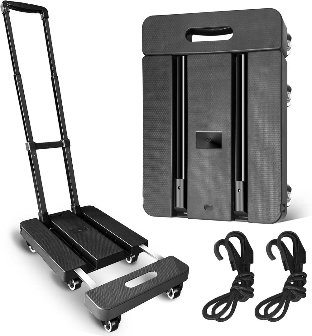 Folding Hand Truck,VDHU 650LB Heavy Duty Dolly Cart,Portable Utility Dolly 6 Wheels Luggage Cart with 2 Elastic Ropes,Extendable Platform Truck for Luggage, Travel, Moving Office Use, Black (Sixrounds-New)