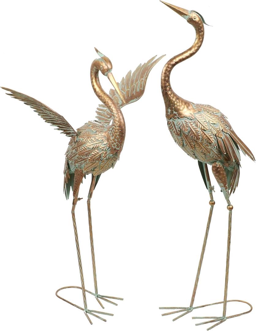TERESA'S COLLECTIONS Garden Decor, Set of 2 Cranes Garden Decor, 33-39", Elegant Cranes with Golden Painting, Waterproof Metal Garden Statue, Herons Gifts Birthday Gifts for Women Mom