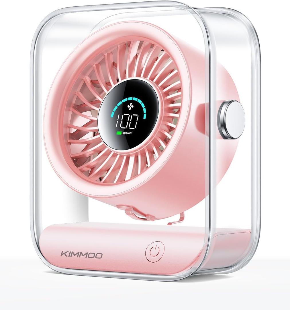 KIMMOO Rechargeable USB Desk Fan, Quiet Table Fan with Turbo Airflow, 100 Speeds, Digital Display, 90 Rotating, Small Battery Desktop Fans for Bedroom Home Office Travel, Pink
