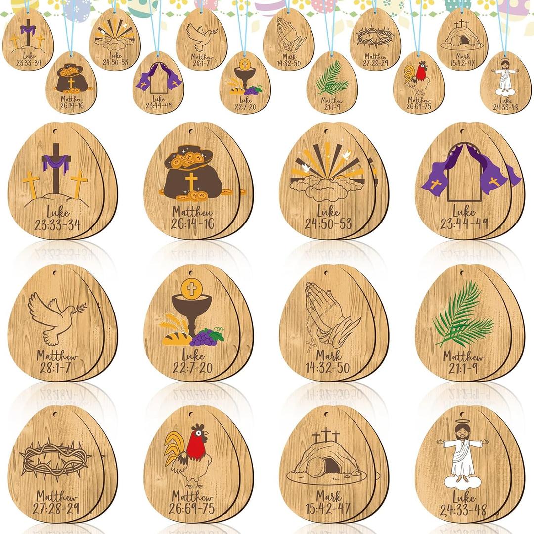 Suzile 24Pcs Holy Week Ornaments Religious Easter Hanging Ornaments Holy Week Wooden Hanging Signs Religious Easter Tree Ornaments Christian Easter Decor for Church Easter baskets Holy Week Goody Bags