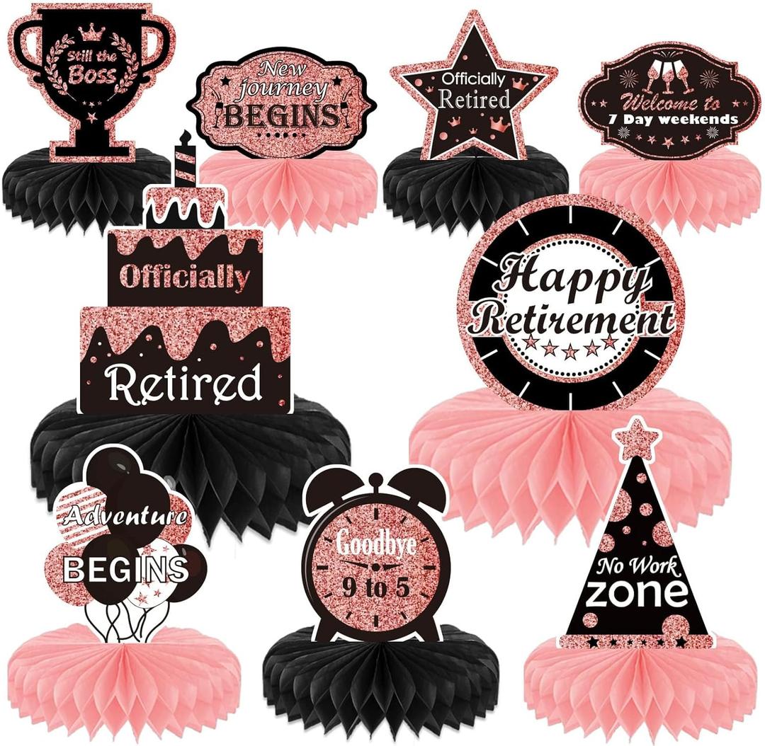 9PCS Rose Gold Retirement Party Decorations - Honeycomb Glitter Table Centerpiece Toppers for Happy Celebration Supplies for Women