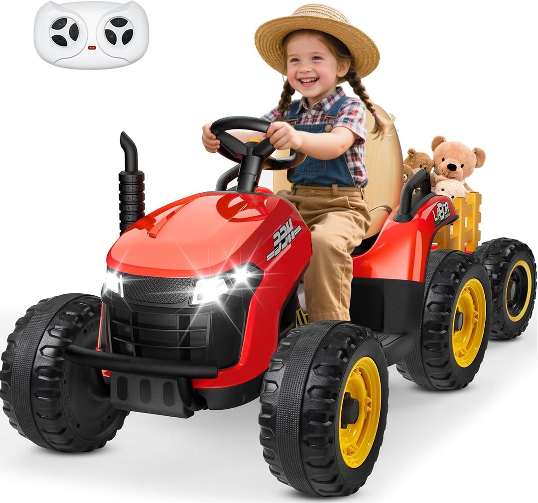 ANPABO 24V Ride On Tractor w/Tiltable & Detachable Trailer, EVA Tires, Up to 4.3Mph, Ride On Toys with Parental Remote, Realistic Tractor Sound & Chimney, Music Player, LED Light, Red
