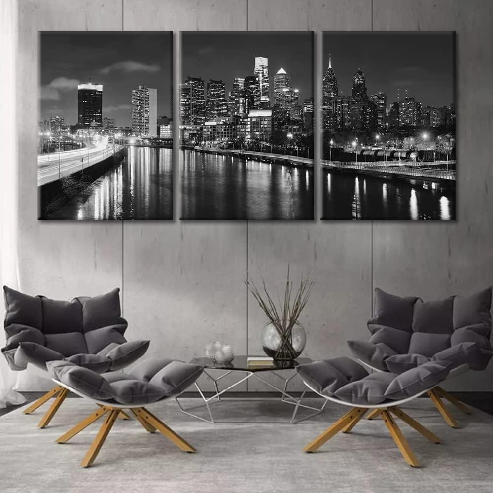 Philadelphia Cityscape Canvas Painting Wall Art Skyline at Night Framed Canvas Art Prints Native American Wall Artwork Pennsylvania, USA Canvas Poster Decorations for The Home, 60" Wx28 H, 20"x28"x3 Panels