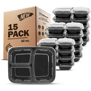 Freshware Meal Prep Containers [15 Pack] 3 Compartment with Lids, Food Containers, Lunch Box, Stackable, Bento Box, Microwave/Dishwasher Safe (32 oz)