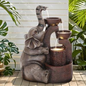 20" Elephant Outdoor Fountain LED 3-Tier Waterfall, Bronze