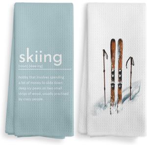 Winter Skiing Definition Kitchen Towels and Dishcloths Set of 2, Ski Skiing Gifts for Skiers, Ski Christmas Ornaments Decor, Teal Blue Kitchen Bathroom Decor Hand Towels Tea Towels, 1624Inch
