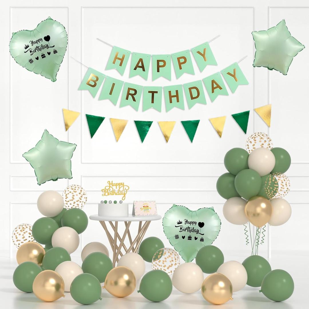 Sage Green Birthday Decorations With Banner, Triangle Flag, Sage Sand Gold Balloons, Love Star Foil Balloons With Stickers And Cake Topper For Party Decorations