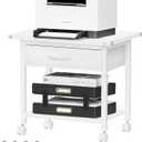 Lerliuo Under Desk Rolling Printer Stand with Drawer, 2-Tier Industrial Mobile Printer Table Desk with Storage Shelf and Steel Frame, Printer Cart Holder with Lockable Wheels for Home, Office (White) (without Charging Station)