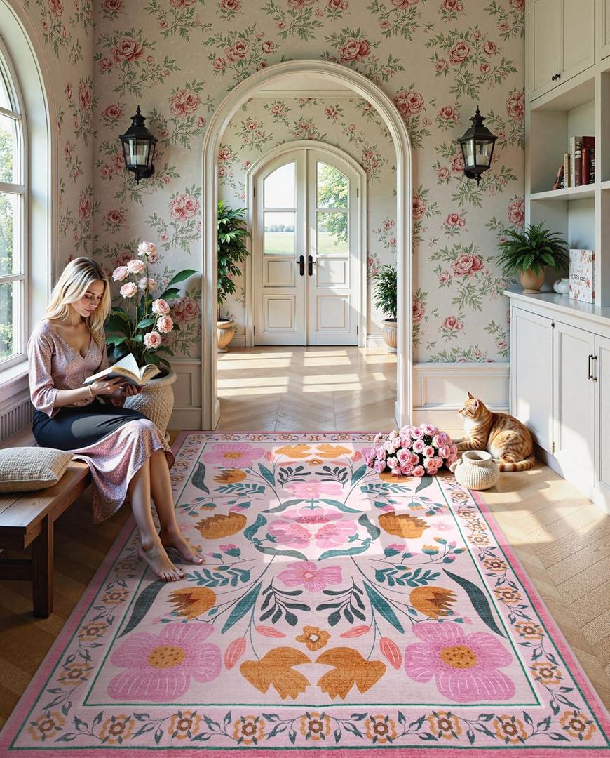 Pink Rug Washable Area Rugs 8x10, Floral Boho Soft Bedroom Rug Non-Slip Ultra-Thin 8x10 Living Room Carpet, Vintage Farmhouse Carpet for Nursery Dorm Room Decor for Teen Girls (8x10ft, Pink)