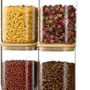 41oz Airtight Glass Square Storage Canister with Bamboo Lid Set of 4 (1200ml) Container Stackable Jar, Kitchen Canister for Pantry Noodles, Flour and Coffee beans (with Black Lable)