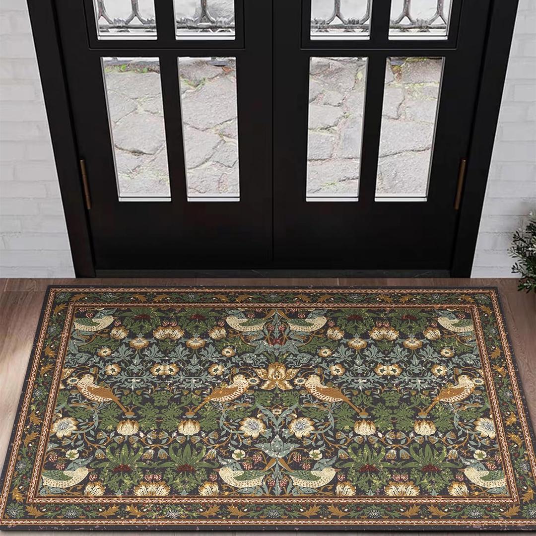 Cute Botanical Bathroom Rugs Non Slip, Ultra Thin Strawberry Thief Abstract Art 2x3 Small Rugs, Green Tropical Floral Leaves Throw Area Rug for Bedroom Kitchen Indoor Entrance Entryway Rug Washable