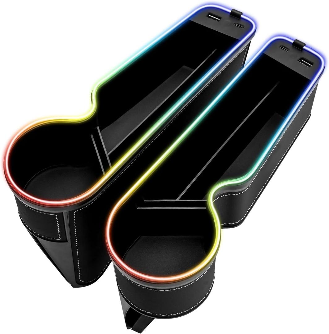 7 Color Led Car Seat Gap Organizer Car Seat Pocket Gap Filler with USB+C Charger,2 Pack Car Seat Gap Storage Console Side Gap Filler with Cigarette Lighter 2026 Fast Charger Seat Gap Filler (Black)