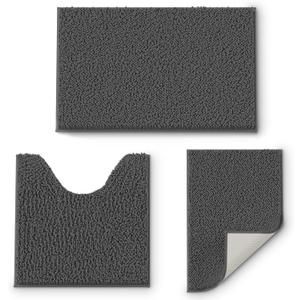 Bathroom Rugs Sets 3 Piece, Extra Soft Absorbent Chenille Bath Rugs, Non Slip PVC Backing Machine Washable Quick Dry Bath Mats for Bathroom Floor, Tub, Shower, Home Decor Accessories, Charcoal Grey (16" x 24" + 20" x 32"+ 20" x 20" U shape)