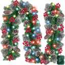 Timer 8 Modes - 9 Ft by 10 Inch Prelit Christmas Garland with 50 Colorful Lights Thick 270 Snowy Branches 10 Pinecone 70 Berry Battery Operated Xmas Decor Mantle Stairs Porch Front Door Indoor Outdoor