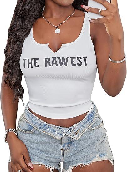 LovelyWholesale Graphic Crop Tops for Women Sexy V Neck Ribbed Tank Top White Size 2XL