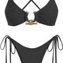 ZAFUL Women's Bikini Sets Ribbed Metal O Ring Criss Cross Two Piece Swimsuit Cheeky High Cut Side Tie Thong Bathing Suit (X-Large, Black)