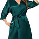 SWOMOG Women's Satin Robe Set 2 Piece Sexy Pajamas Sets Lace Cami Nightgown and Silk Robes Nightwear (Green, S)