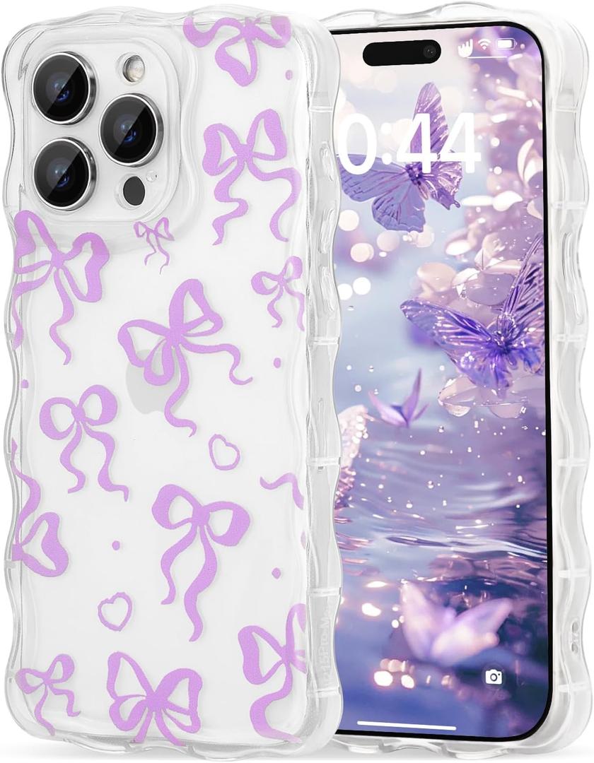 Cute Heart Bow Case for iPhone 14 Pro 6.1 inch, Wavy Ribbon Bows Phone Case Pretty Aesthetic Girly Cover Cute Clear Shell Soft Bownot Phone Cover for iPhone 14 Pro Women Girls, Purple