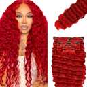 RED Deep Wave Clip in Hair Extensions,Soft Real Human Hair 120g 7pcs,24 Inch Brazilian Remy Wine Red Clip ins for Women,RED Curly Clip ins Silky Hair Extensions