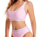 Women's Sporty Two Piece Swimsuits High Waisted Athletic Bikini Sets for Women Color Block Bathing Suit with Bottoms (Pink, S)