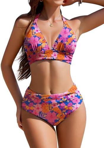 AI'MAGE Women High Waisted Bikini Sets Tummy Control Swimsuits Two Piece Swim Suits 2025 V-Neck Halter Ruched Bathing Suits Size 2XL