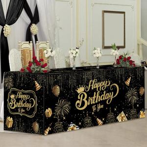 Oudain 72 x 30'' Black Gold Birthday Party Decorations 6ft Happy Birthday Fitted Tablecloth Rectangle Black Gold Folding Table Cover Heavy Duty Washable Fabric Tablecloth for Men Women Boys Girls