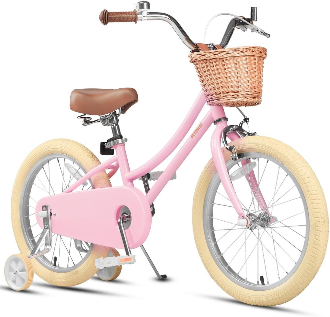 Petimini 18 Inch Little Kids Bike for Age 5 6 7 8 Years Old Girls Retro Vintage Style Bicycles with Basket Training Wheels and Bell, Pink