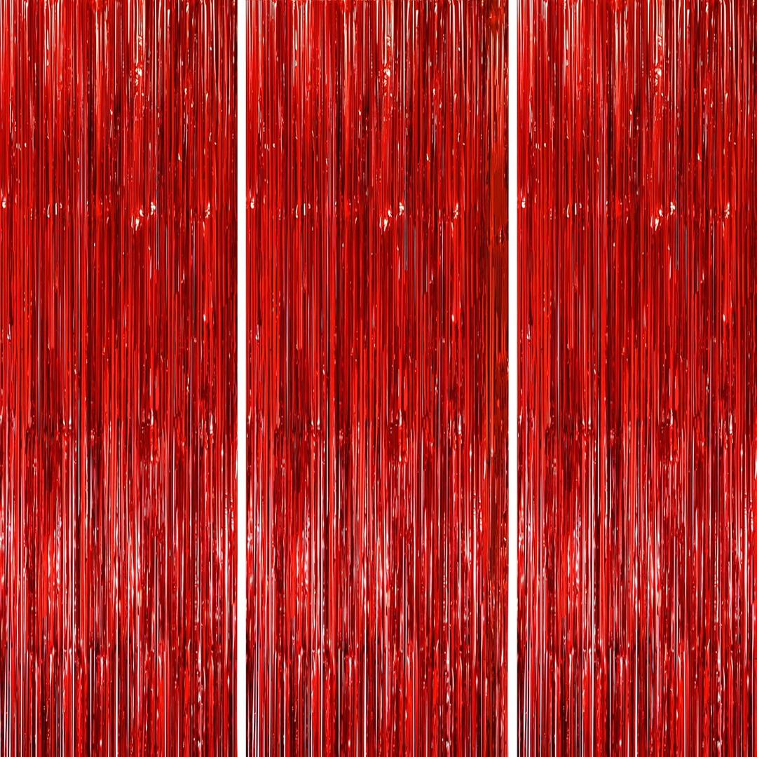 3 Pack 3.3x8.2 Feet Red Foil Fringe Backdrop Curtains, Tinsel Streamers Birthday Party Decorations, Fringe Backdrop for Graduation, Baby Shower, Gender Reveal, Disco Party