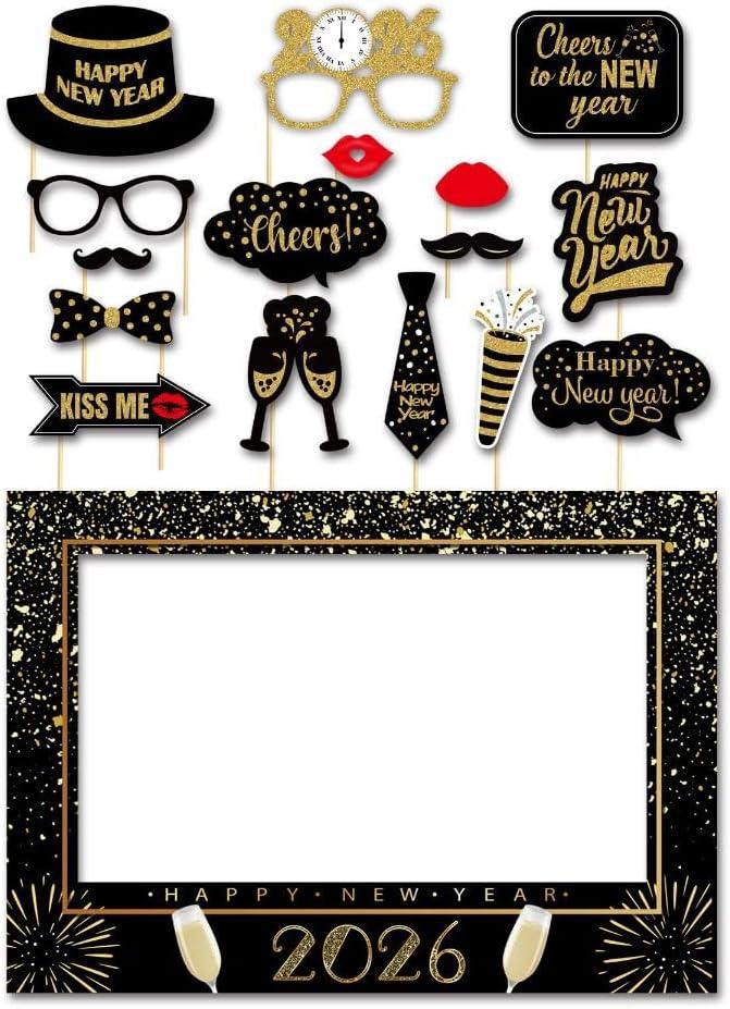SWYOUN Glitter Happy New Year's Eve 2026 Party Photo Booth Props Supplies with Photo Frame(Pack of 17)