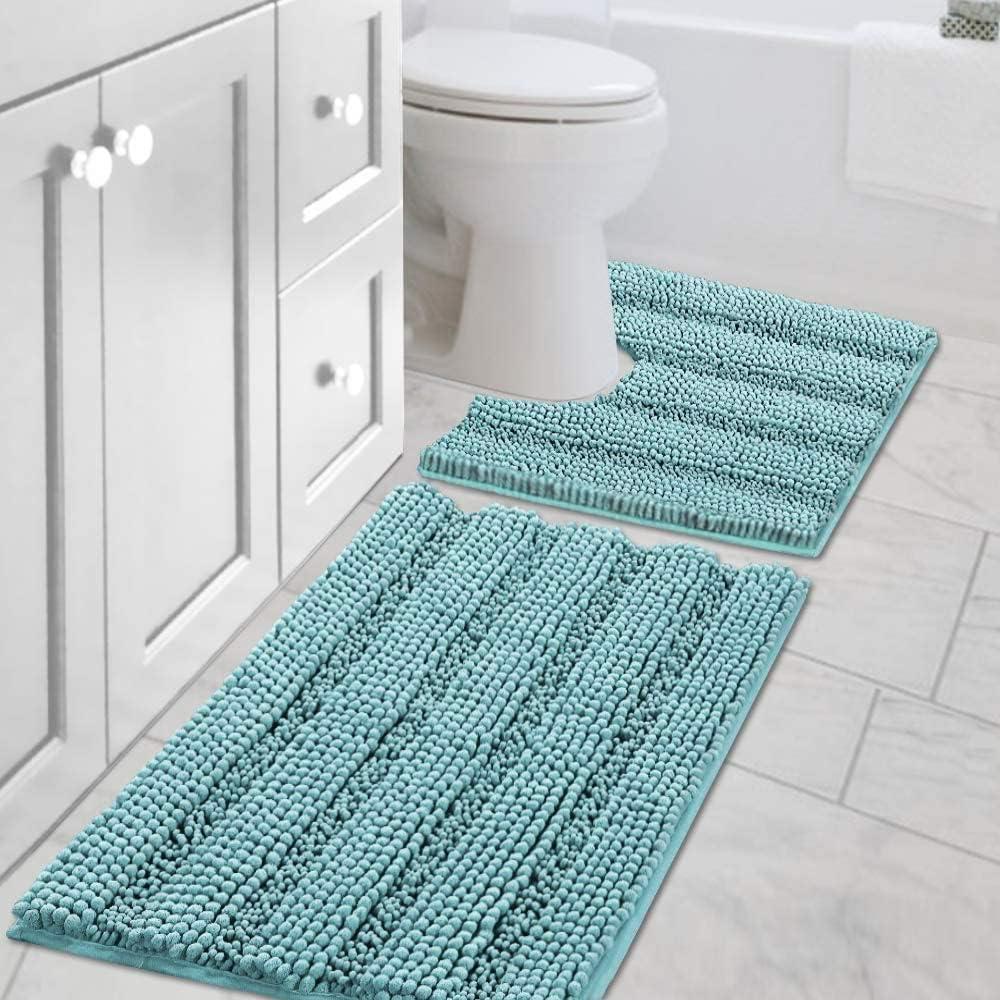 H.VERSAILTEX Bathroom Rugs Set 2 Piece Bathroom Contour Rug Toilet Mat Sets, Non Slip, Contou,r Ultra Thick, Water Absorbent, Striped Bath Rug, Washable(20" x 32" Plus 20" x 20" U, Aqua Haze)