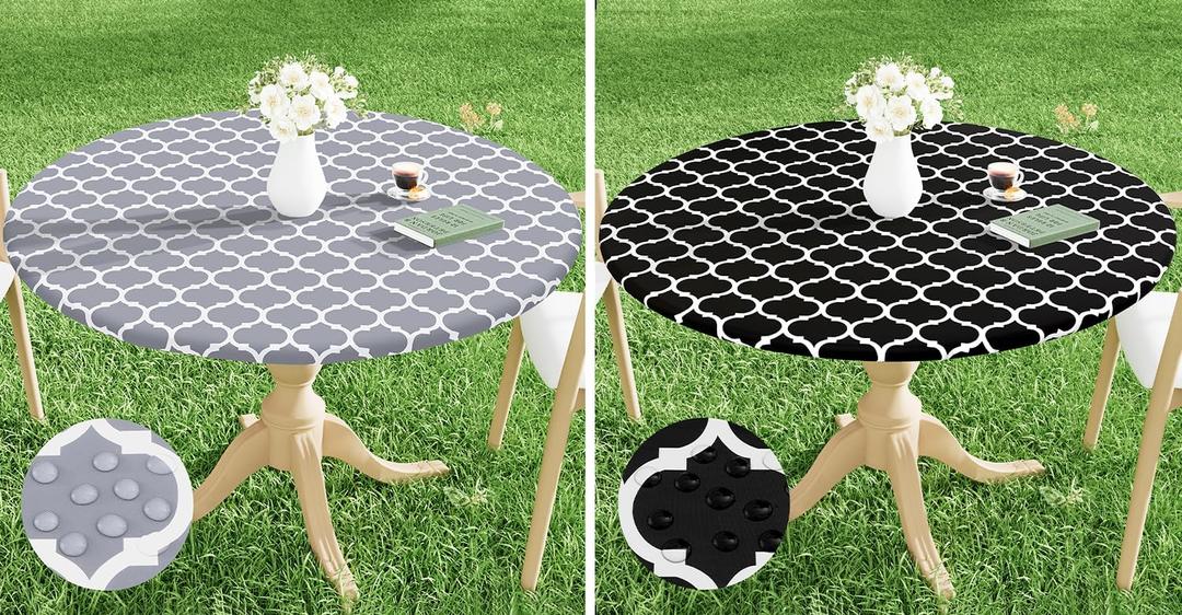 Smiry Round Picnic Tablecloth, Waterproof Elastic Fitted Table Covers for 36" - 44" Tables, Wipeable Flannel Backed Vinyl Tablecloths for Camping, Indoor, Outdoor, Grey+ 36" - 44",Black