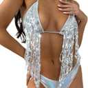 JUMISEE Women's Neon Shiny Hologram Strappy Bikini Sexy Halter Wrap Around Swimwear Thong Bathing Suit for Rave Party (Medium)