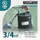 WASSERMANN 3/4 HP Sewage Pump 2 inch Discharge with Auto Float Switch, 115V 7200 GPH Cast Iron Submersible Sewer Pump, Sump Pump for Basement Sump Basin Sewer Well 2" NPT Discharge with 10 FT Cable