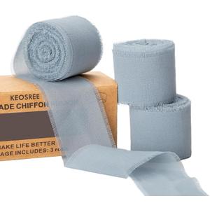 KEOSREE 3 Rolls Dusty Blue Handmade Chiffon Ribbon,1.5" x 21Yd Frayed Fringe Silk Ribbons (3 Rolls *7Yd) for Gifts Wrapping, Wedding Invitations, Bridal Bouquets, Decorations