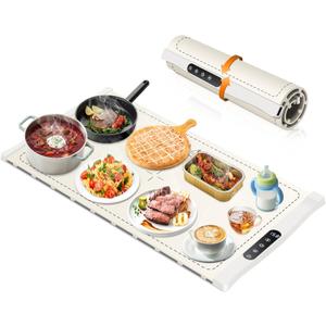 Food Warming Mat, Large Electric Warming Tray, Silicone Fast Heating Warmer Pad, 6 Temp Adjustable, 6 Timer & Safety Lock, Auto Shut-Off for Countertops Buffets Party White