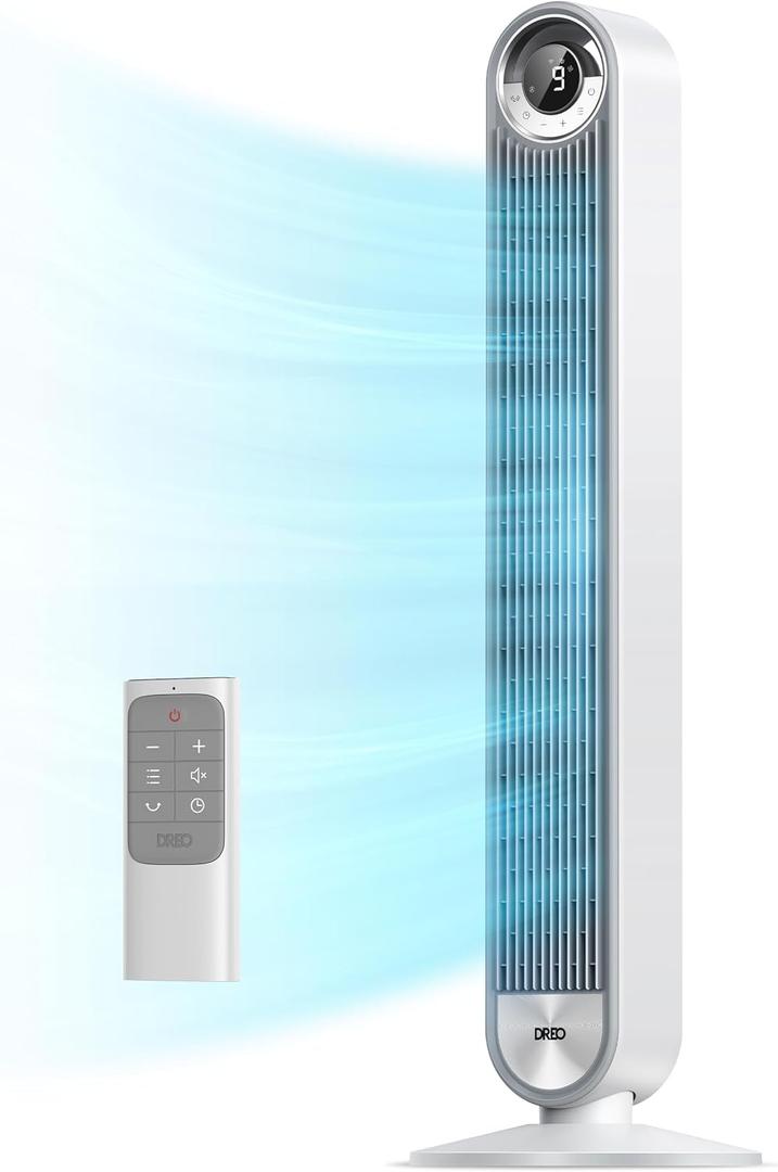 DREO Tower Fan for Bedroom, Upgraded DC 28ft/s Velocity, 9 Speeds Quiet Standing Fan, 90° Oscillating Cooling Fan, 4 Modes, 12H Timer, Bladeless Fan Powerful for Home